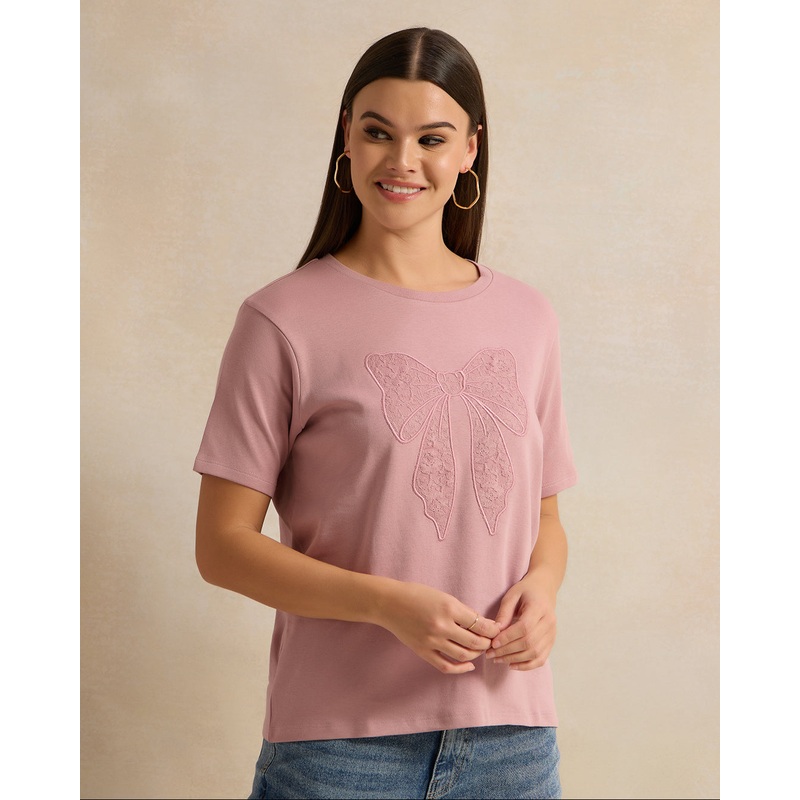 Women Pink Embellished T-Shirt