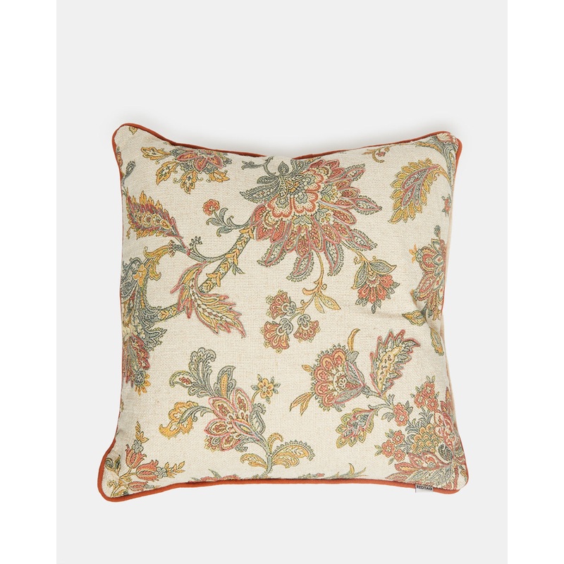 Beige Floral Print With Embroidery Cushion