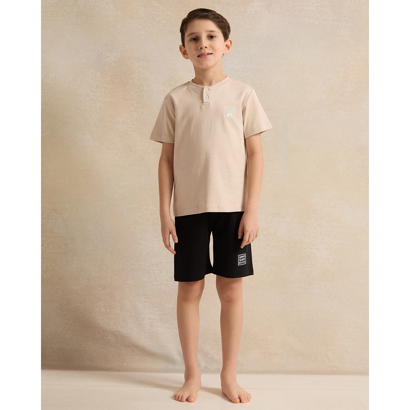Boys Beige And Black Printed Pyjama Set (2 Piece)