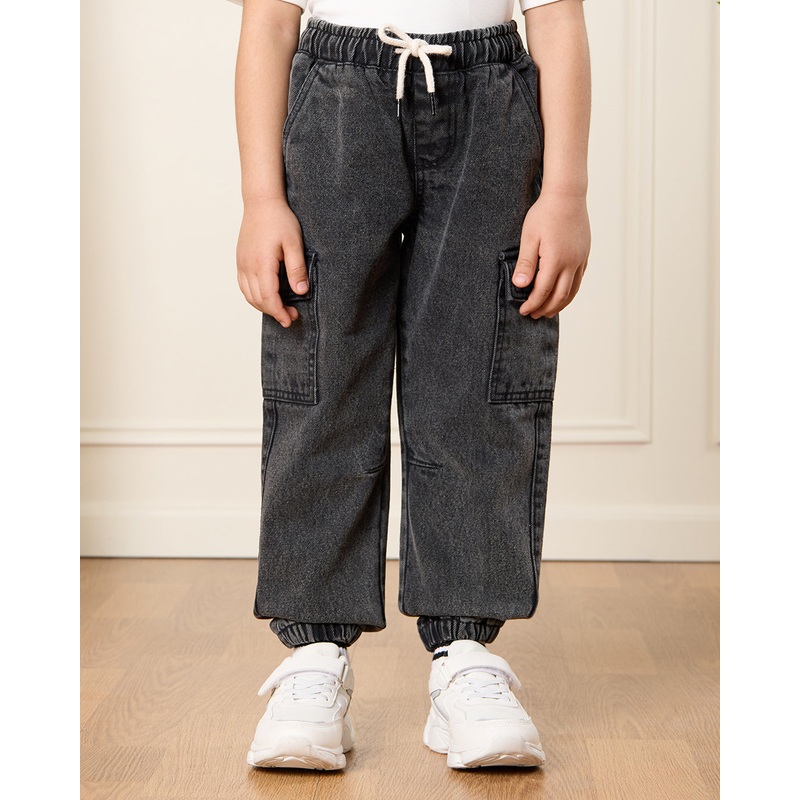 Boys Charcoal Cargo Pocket Denim Joggers