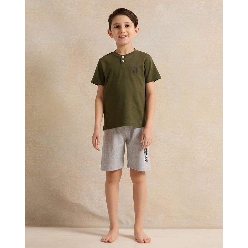 Boys Olive And Grey Printed Pyjama Set (2 Piece)