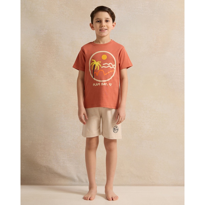 Boys Orange And Beige Printed Pyjama Set (2 Piece)