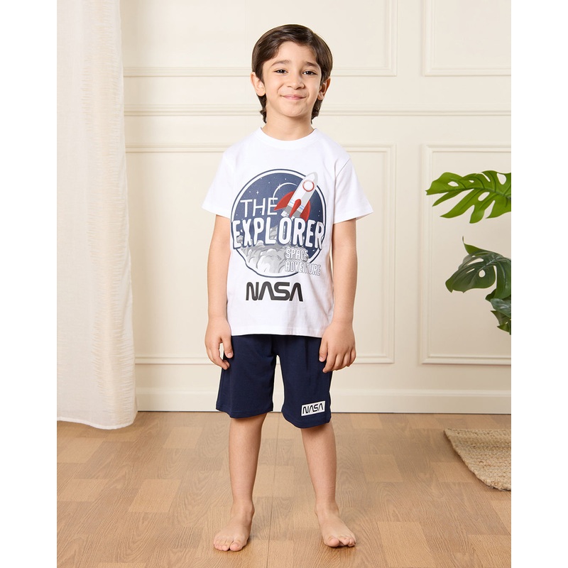 Boys White And Navy Nasa Print Pyjama Set (2 Piece)