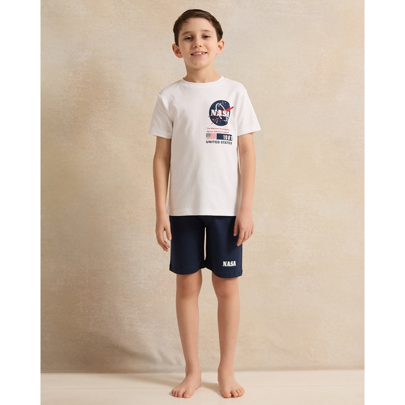 Boys White And Navy Printed Pyjama Set (2 Piece)