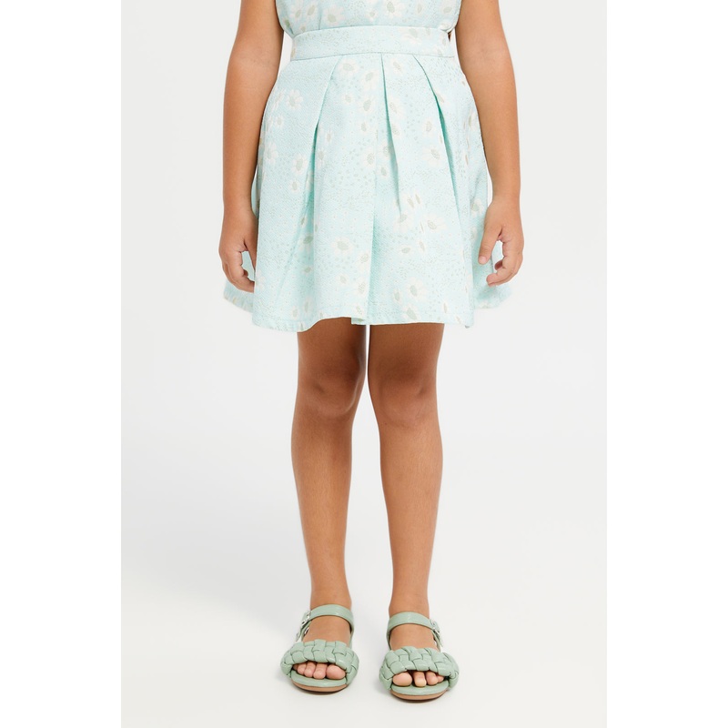 Girls Green Flower Aop Jacquard Skirt