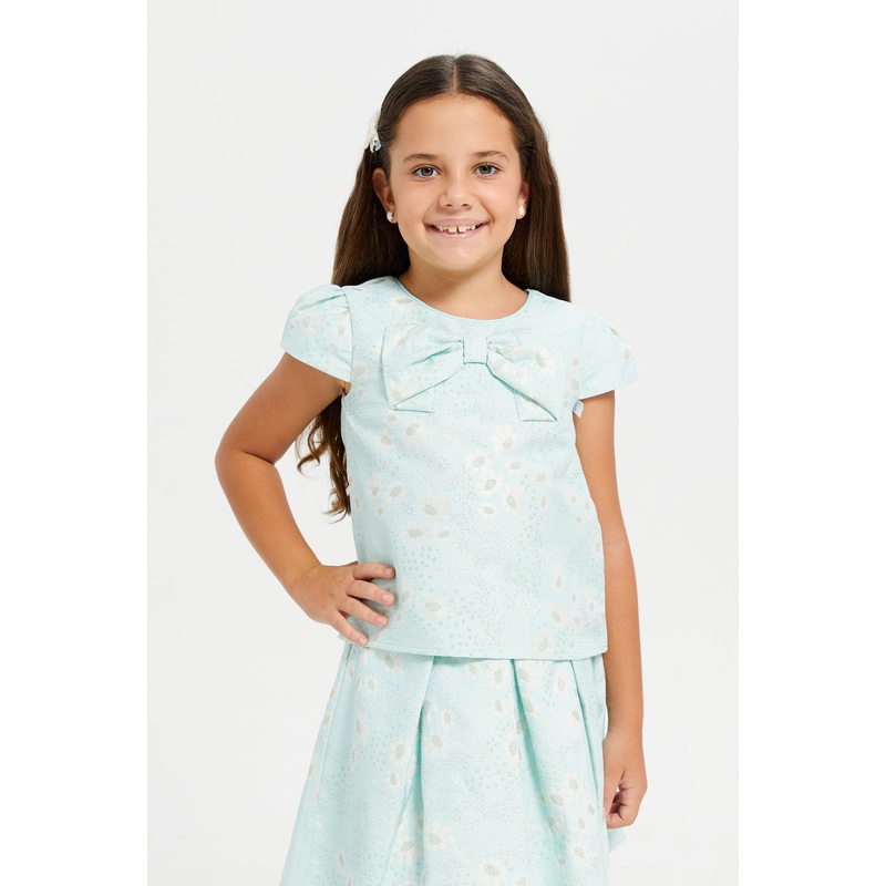 Girls Green Flower Printed Bow Detailed Jacquard Blouse