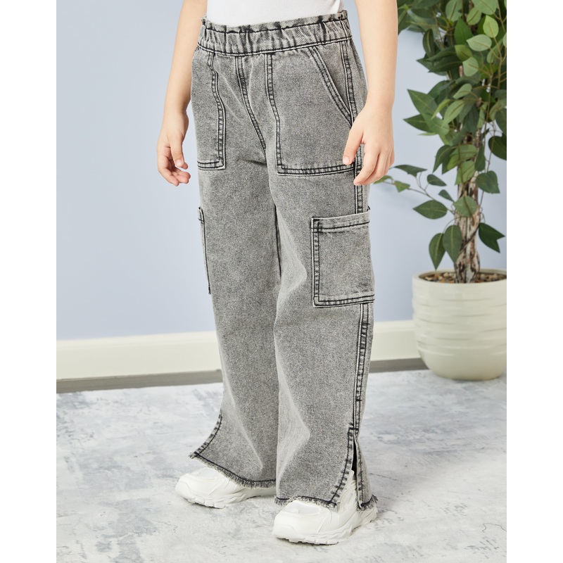 Girls Grey Washed Wide Leg Jeans