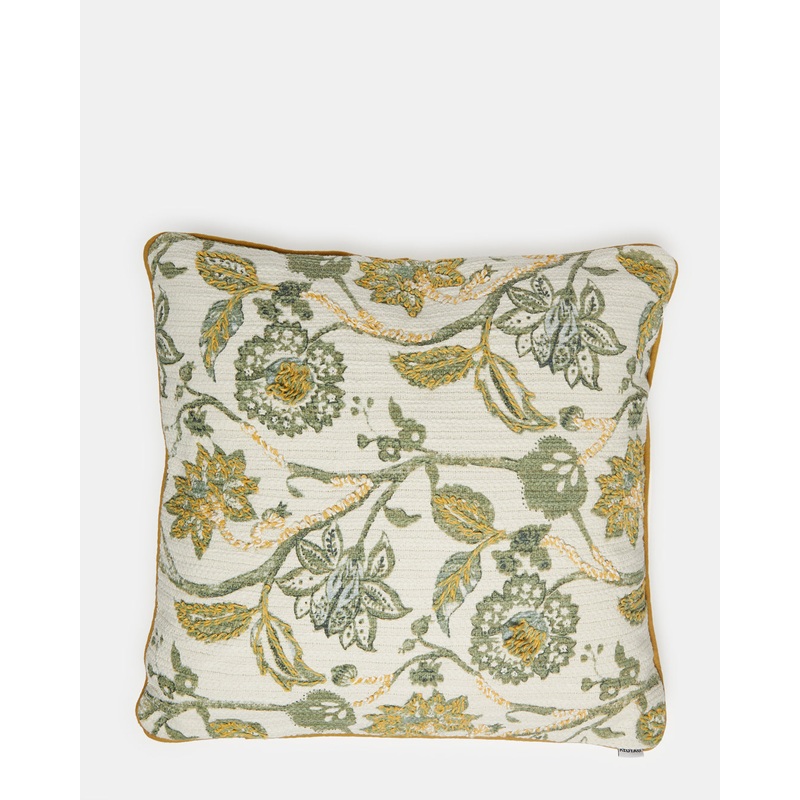 Green And Ivory Floral Print With Embroidery Cushion