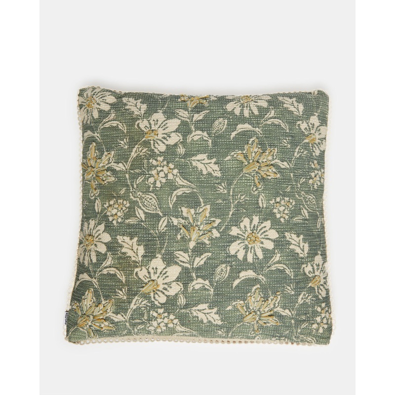 Green Floral Print With Embroidery Cushion