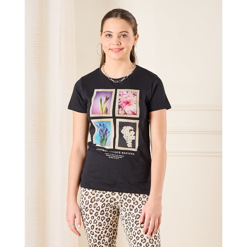 Senior Girls Black Floral Print T-Shirt