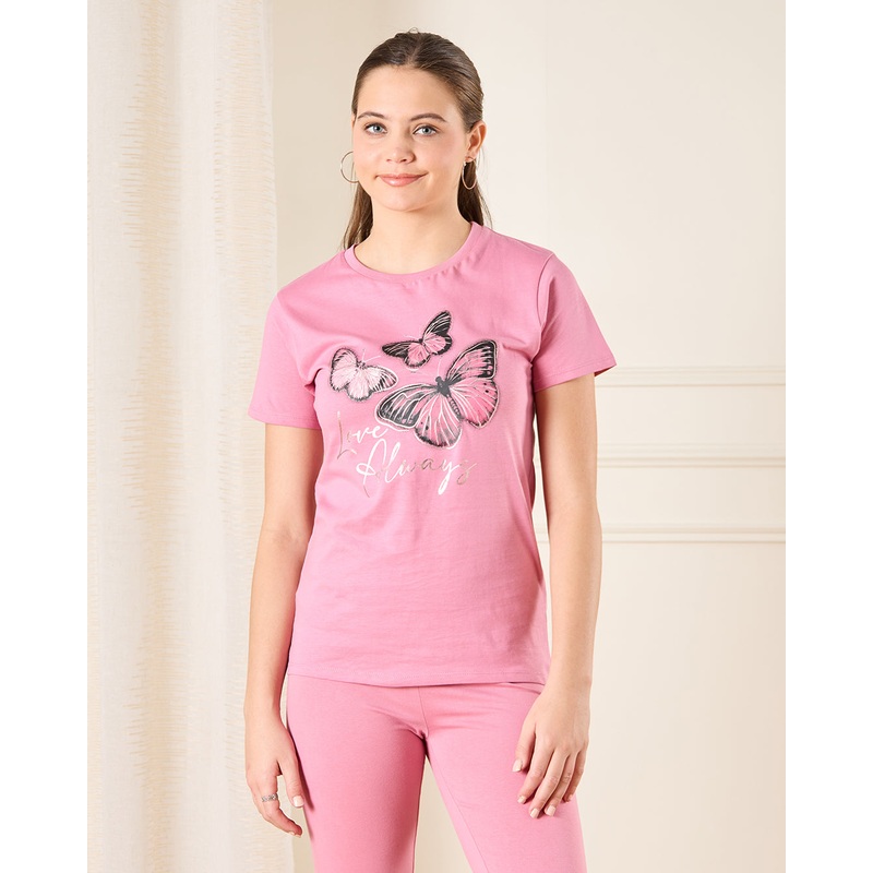 Senior Girls Pink Butterfly Print T-Shirt