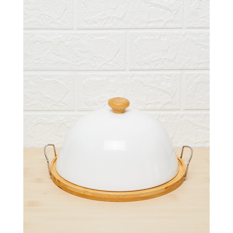 White Serving Dish With Bamboo Tray (2 Piece)