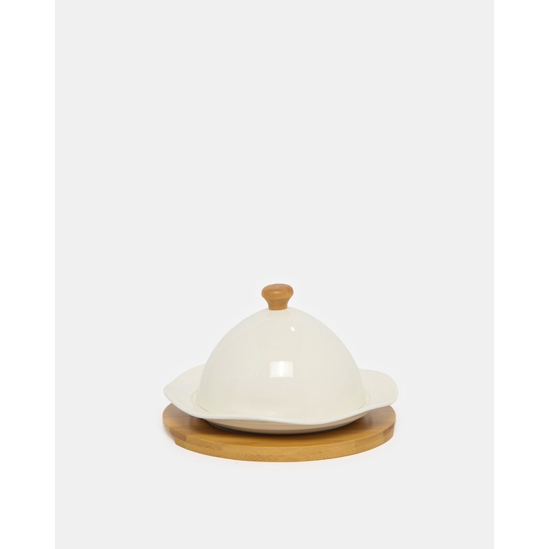 White Serving Dish With Bamboo Tray  (3 Piece)