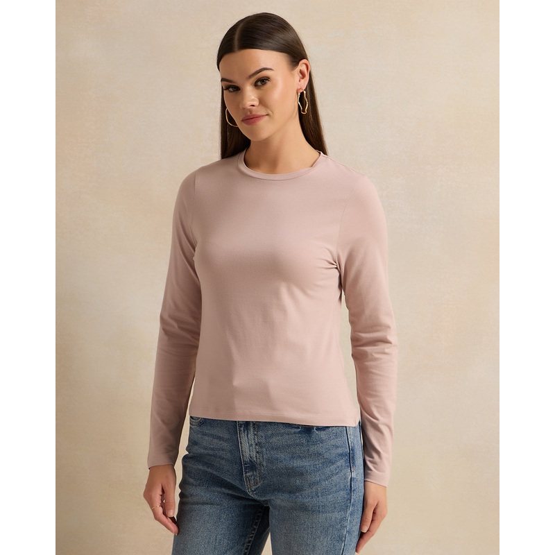 Women Beige Long Sleeve Round Neck T-Shirt