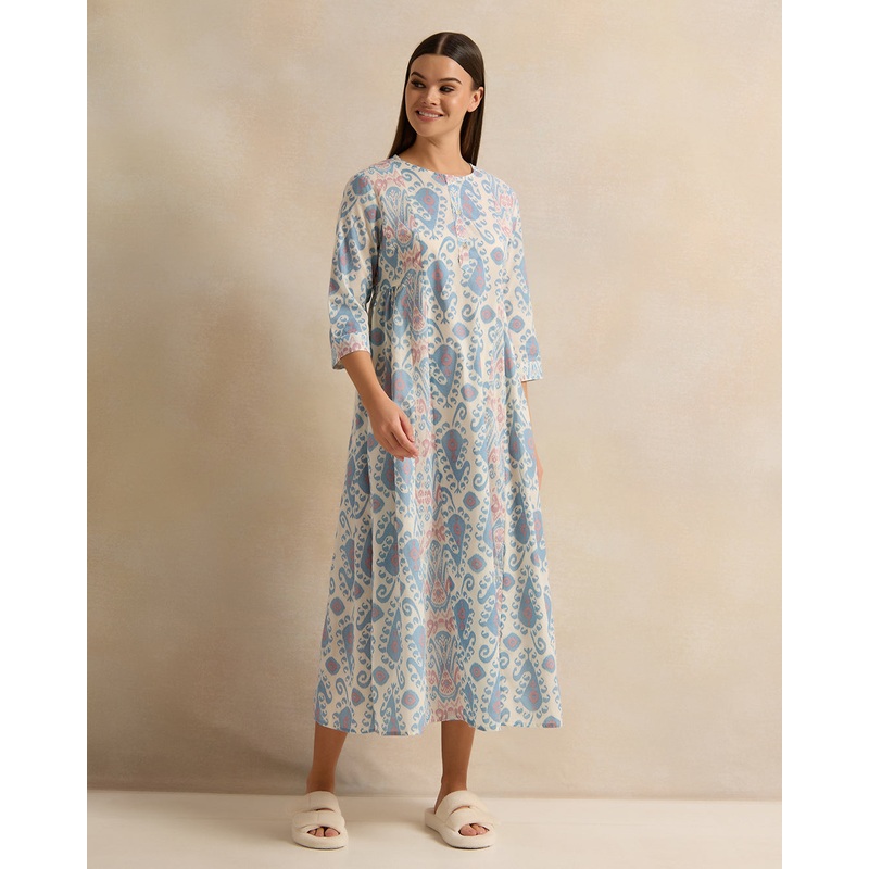 Women Blue Printed Lurex Nightgown