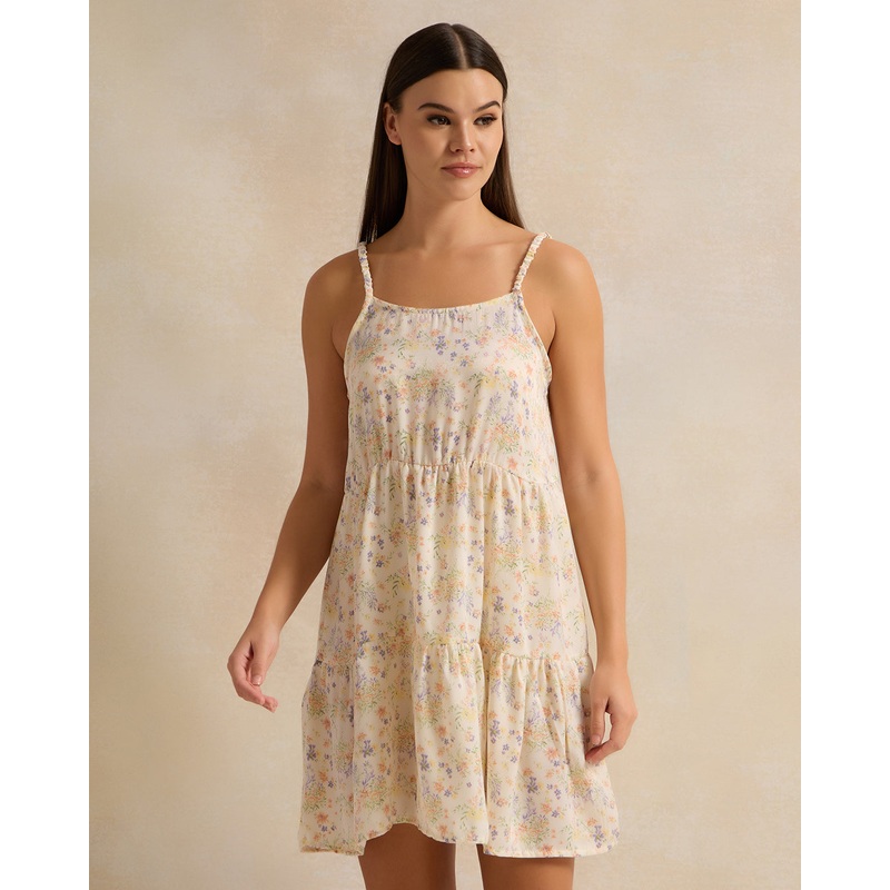 Women Cream Printed Tiered Chemise