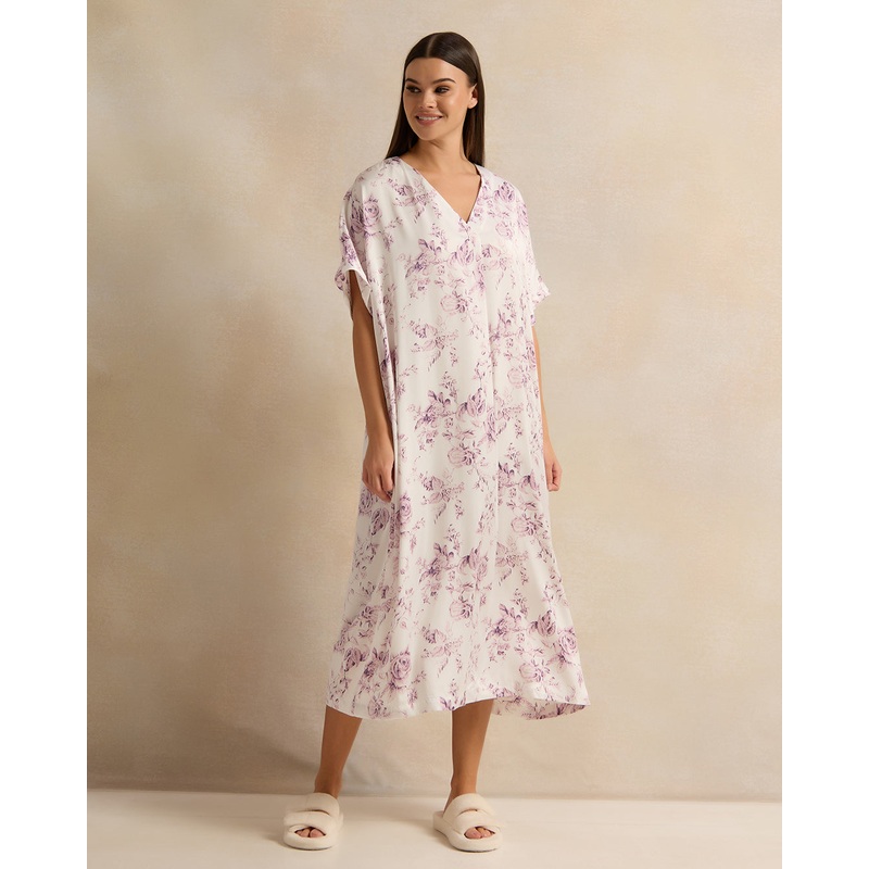 Women Lilac Flower Kaftan Satin Nightgown