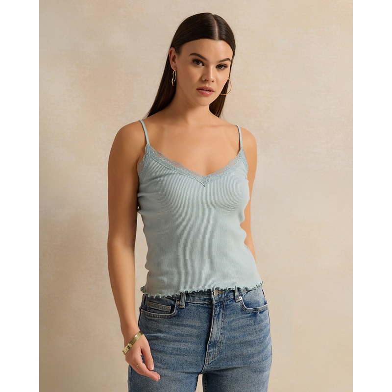 Women Mint Sleeve Less Ribbed Vest