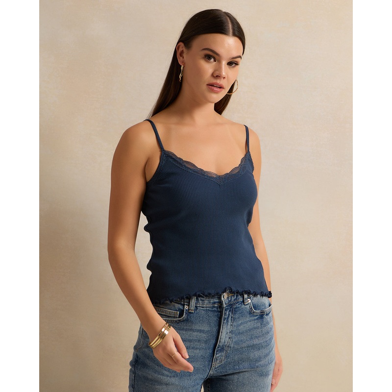 Women Navy Sleeve Less Ribbed Vest