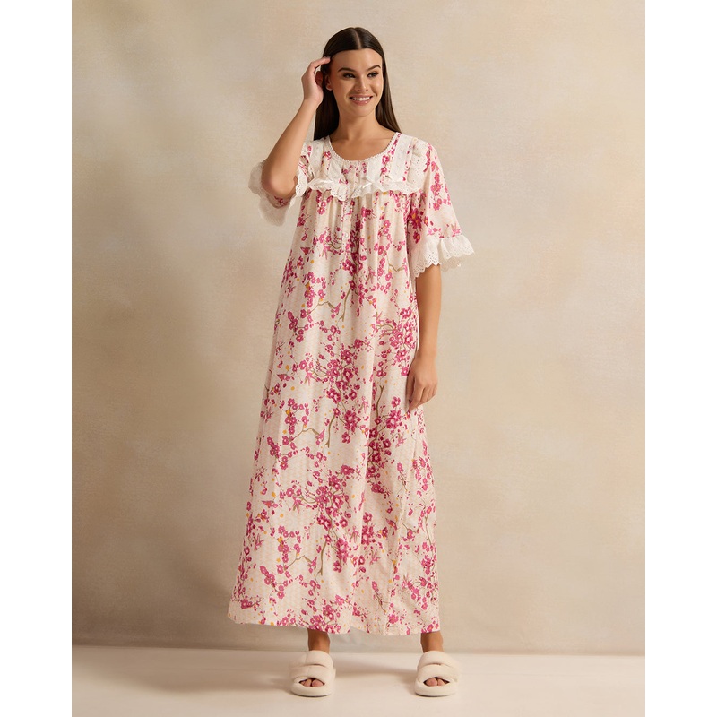 Women Pink Flower Frill Lace Nightgown