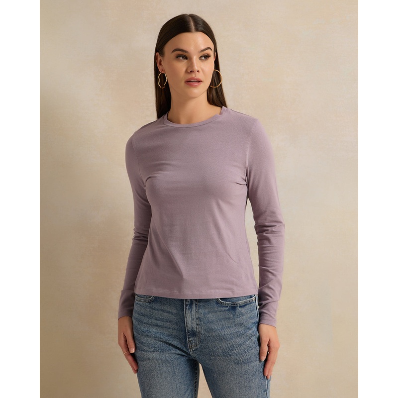 Women Purple Long Sleeve Round Neck T-Shirt