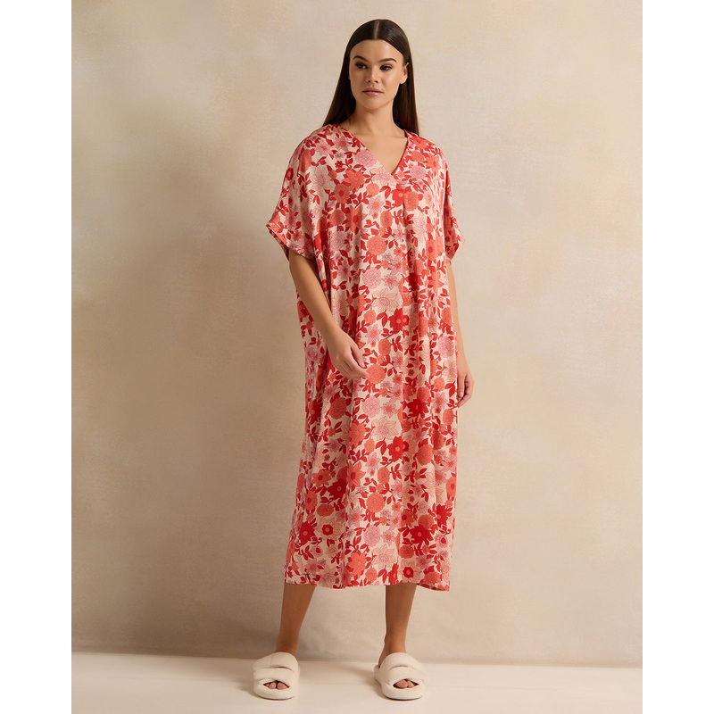 Women Red Floral Kaftan Satin Nightgown