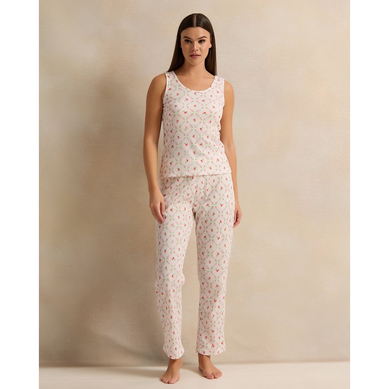Women White Floral Print Waffle Cami Set (2 Piece)
