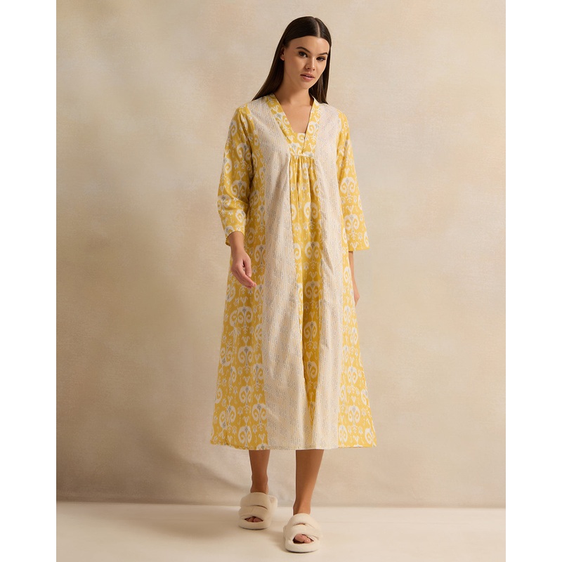 Women Yellow And Purple Print Nightgown