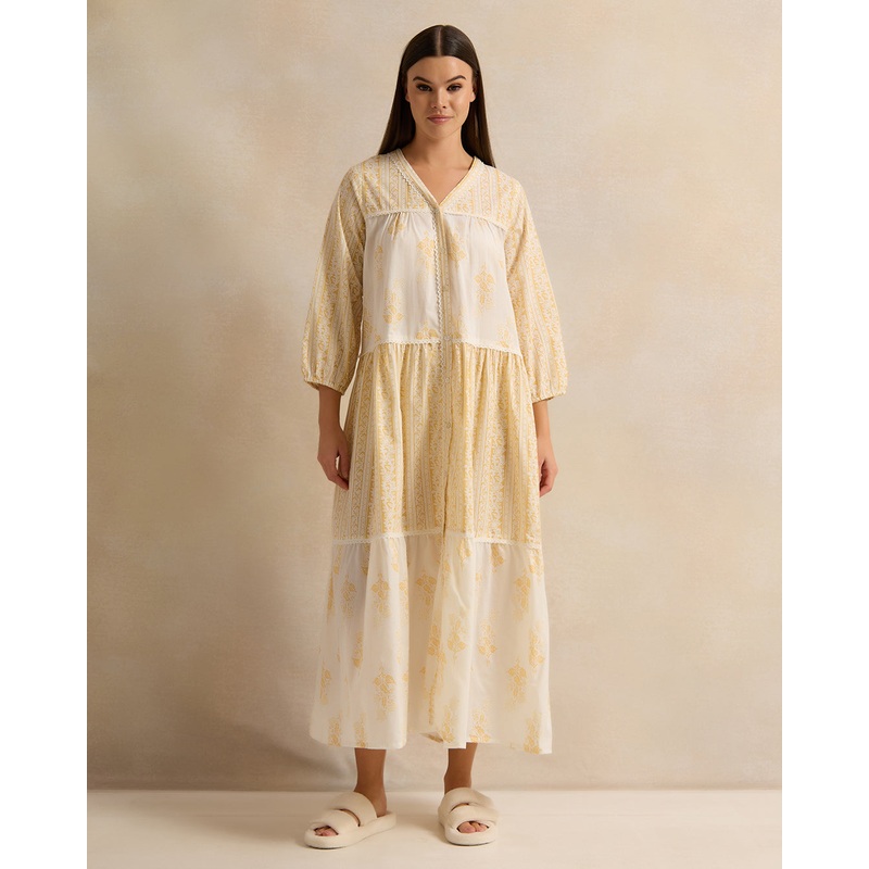 Women Yellow Sleeve Tiered Lace Nightgown