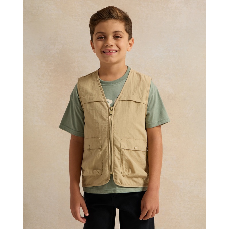 Boys Beige Vest With Green T-Shirt Set (2 Piece)