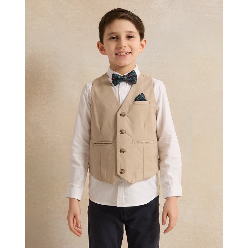 Boys Beige Waistcoat With Shirt And Bow (3 Piece)