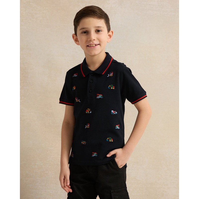 Boys Black Embroidered Polo T-Shirt