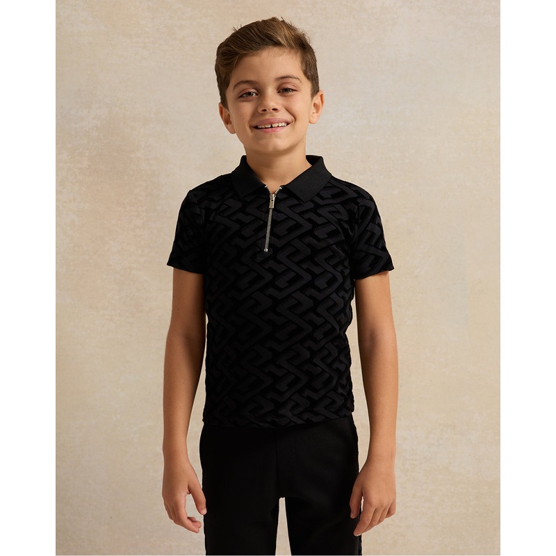 Boys Black Flock Print Polo Shirt With Zipper