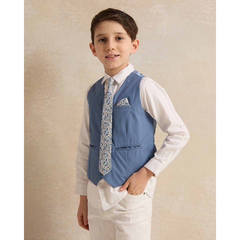Boys Blue And White Waistcoat With Shirt And Tie (3 Piece)