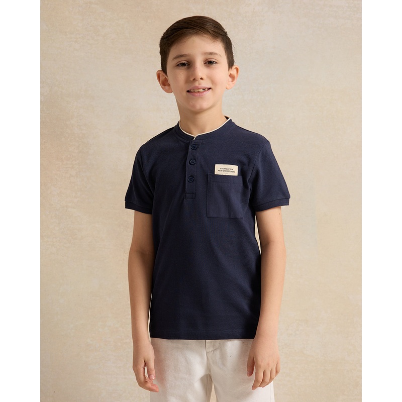 Boys Navy Mandarin Collar T-shirt