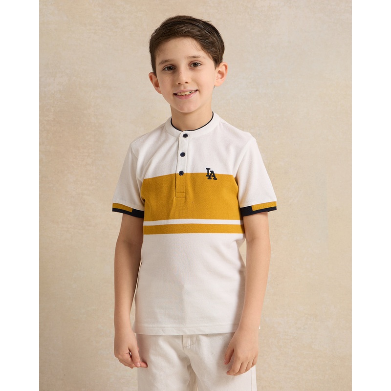 Boys White And Mustard Embroidered Polo Shirt