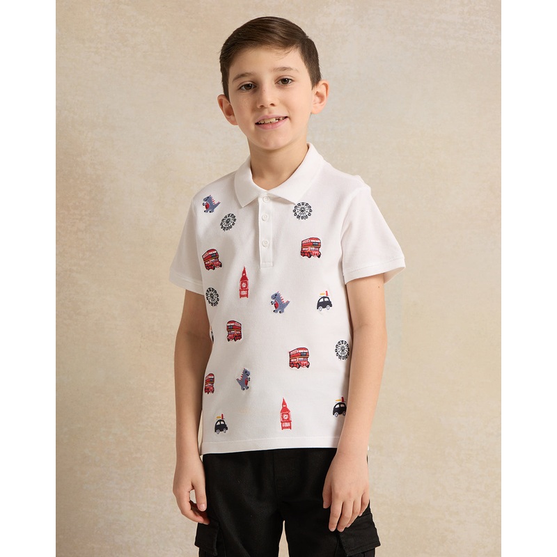 Boys White Embroidered Polo T-Shirt
