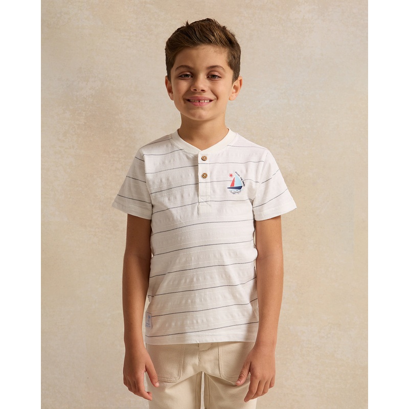 Boys White Striped Henely T-Shirt