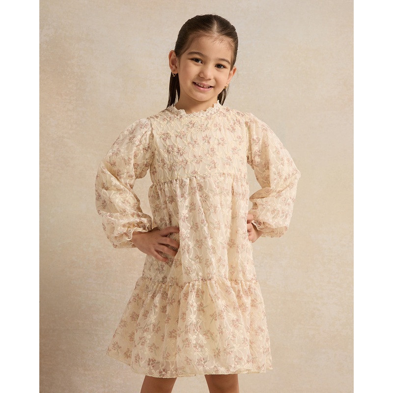 Girls Beige Floral Lace Tired Dress