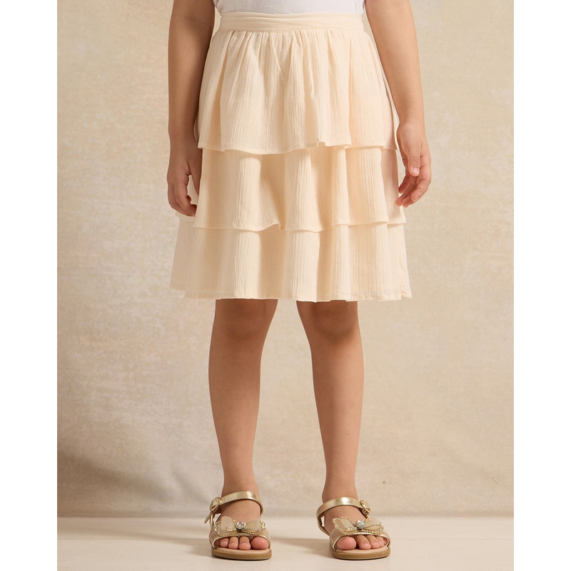 Girls Beige Jacquard Tired Skirt