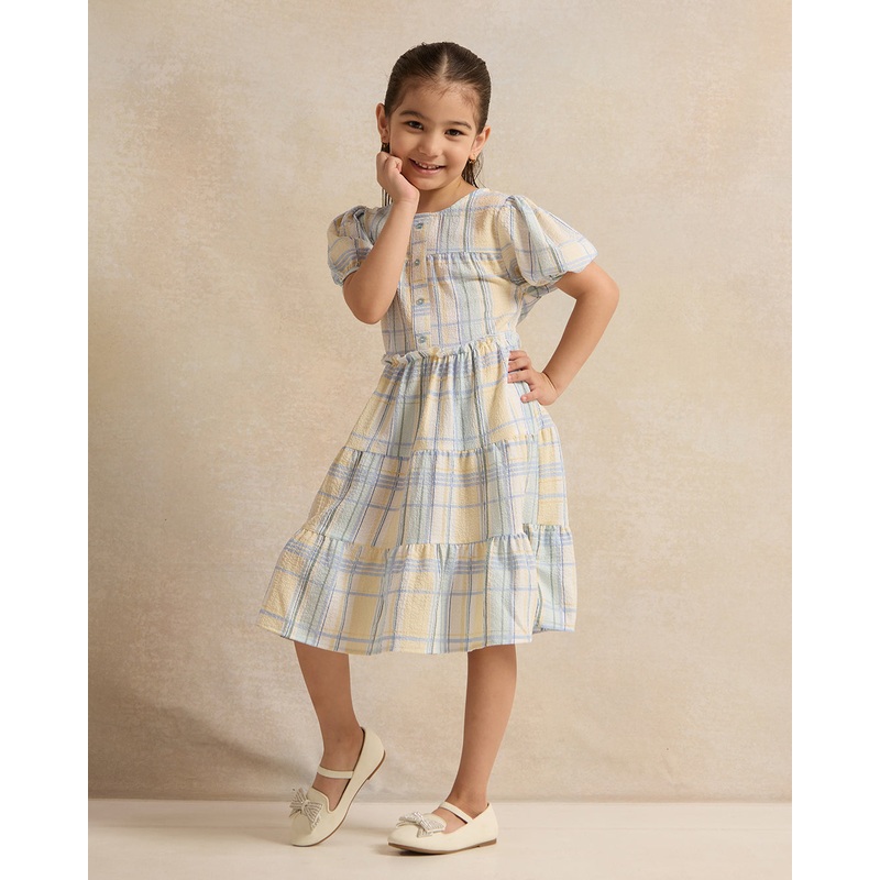 Girls Blue And White Checkered Tired Dress