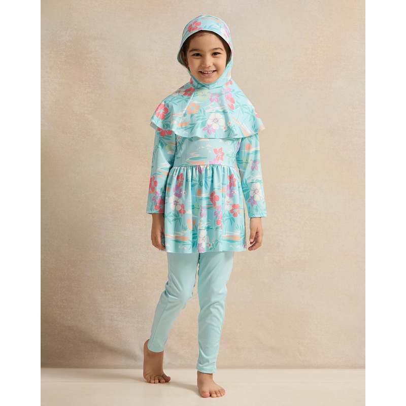 Girls Blue Printed Modest Swimsuit Set (3 Piece)