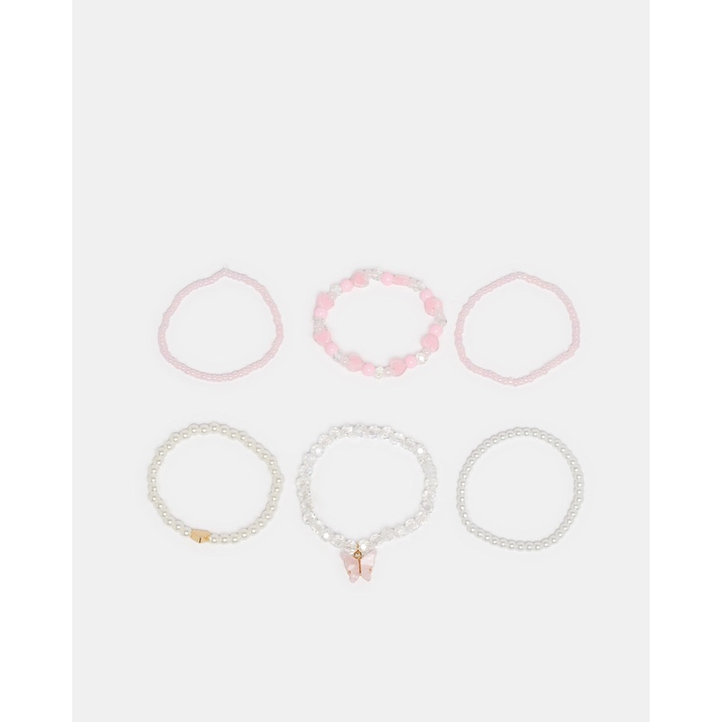Girls Pink And White Embellished Bracelet Set (6 Piece)