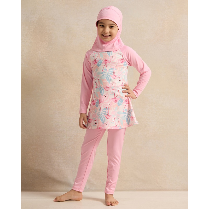 Girls Pink Printed Modest Swimsuit Set (3 Piece)