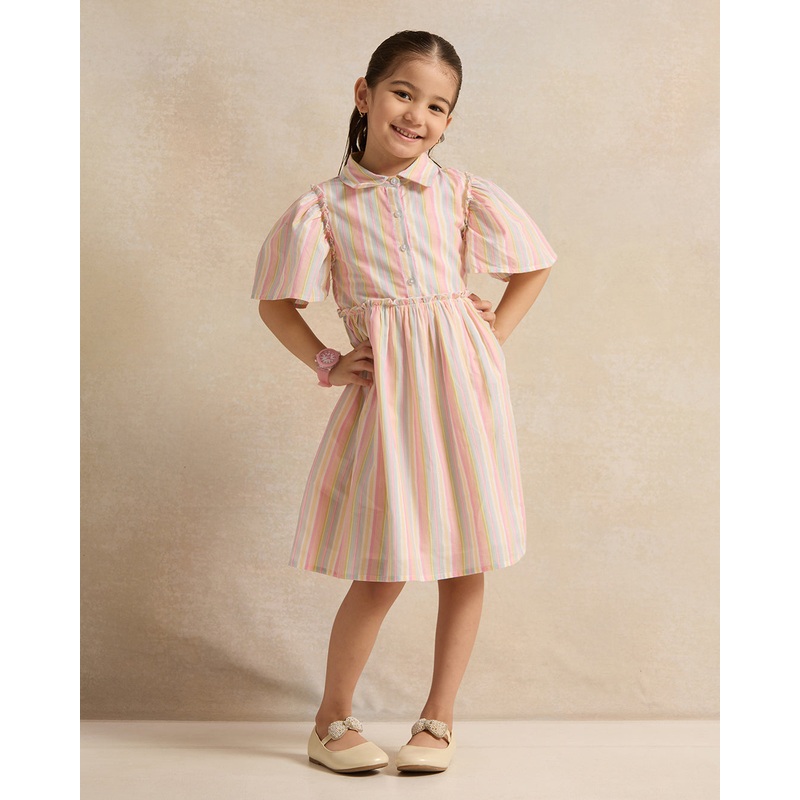 Girls Pink Striped Collared Dress