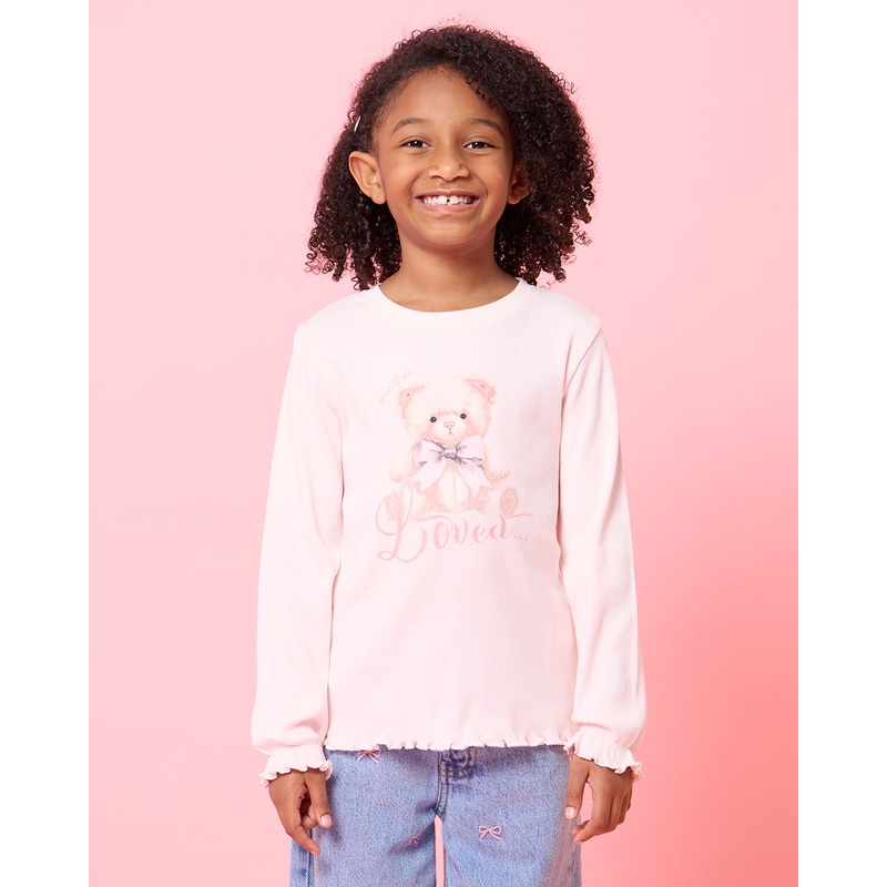 Girls Pink Teddy Printed T-Shirt