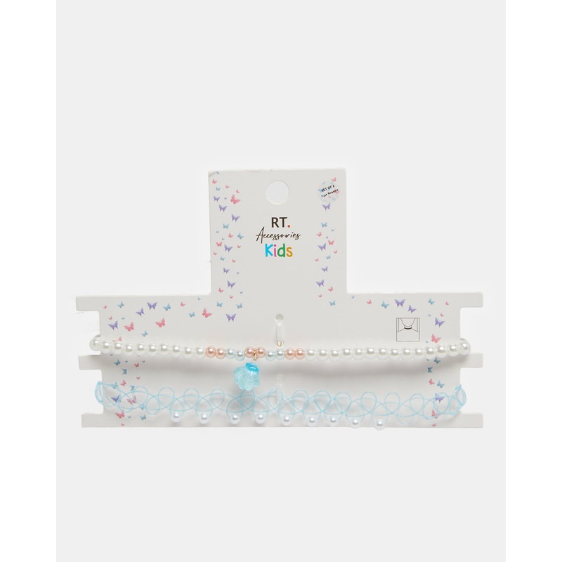 Girls White And Blue Embellished Choker Set (2 Piece)