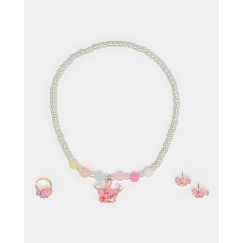 Girls White Embellished Necklace Set (3 Piece)