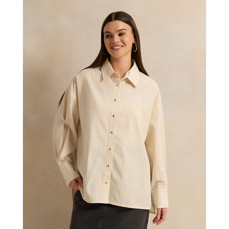 Women Beige Striped Oversized Shirt