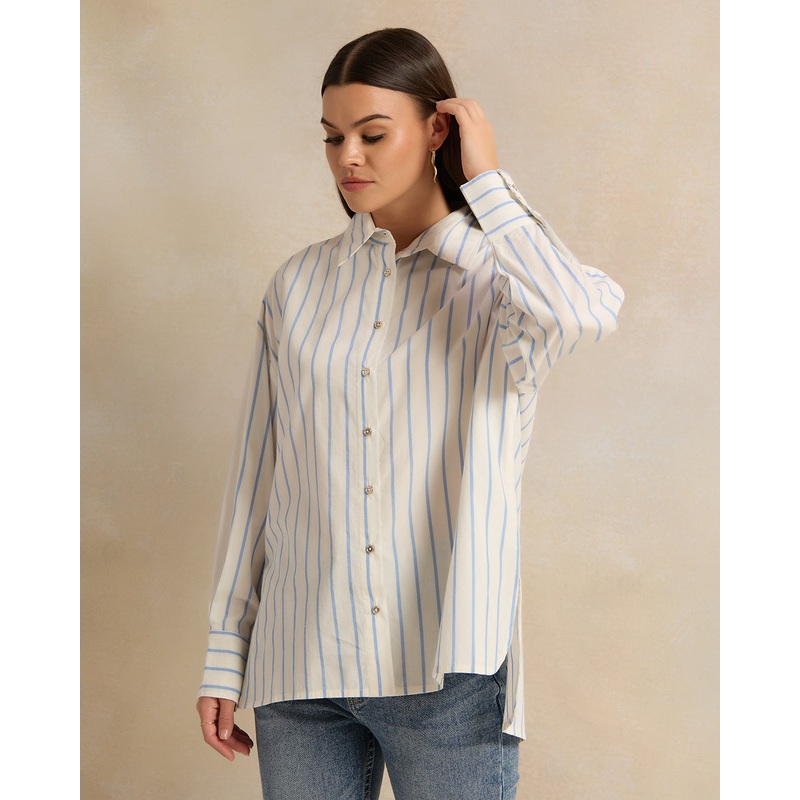 Women Blue Striped Oversized Shirt